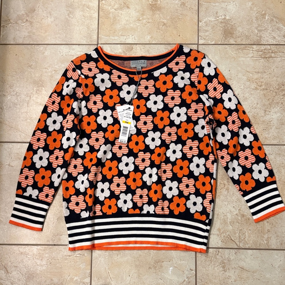 Joseph A Petite Medium Floral Knit Sweater Navy Blue Orange White